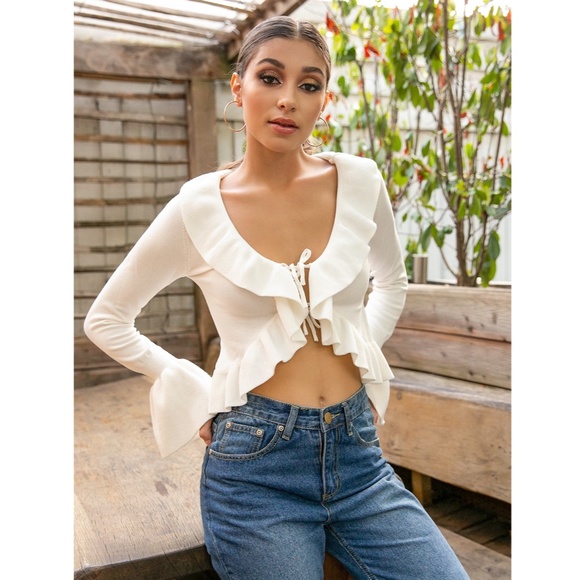 White Front Tie Ruffle Trim Crop Top - Picture 2 of 8